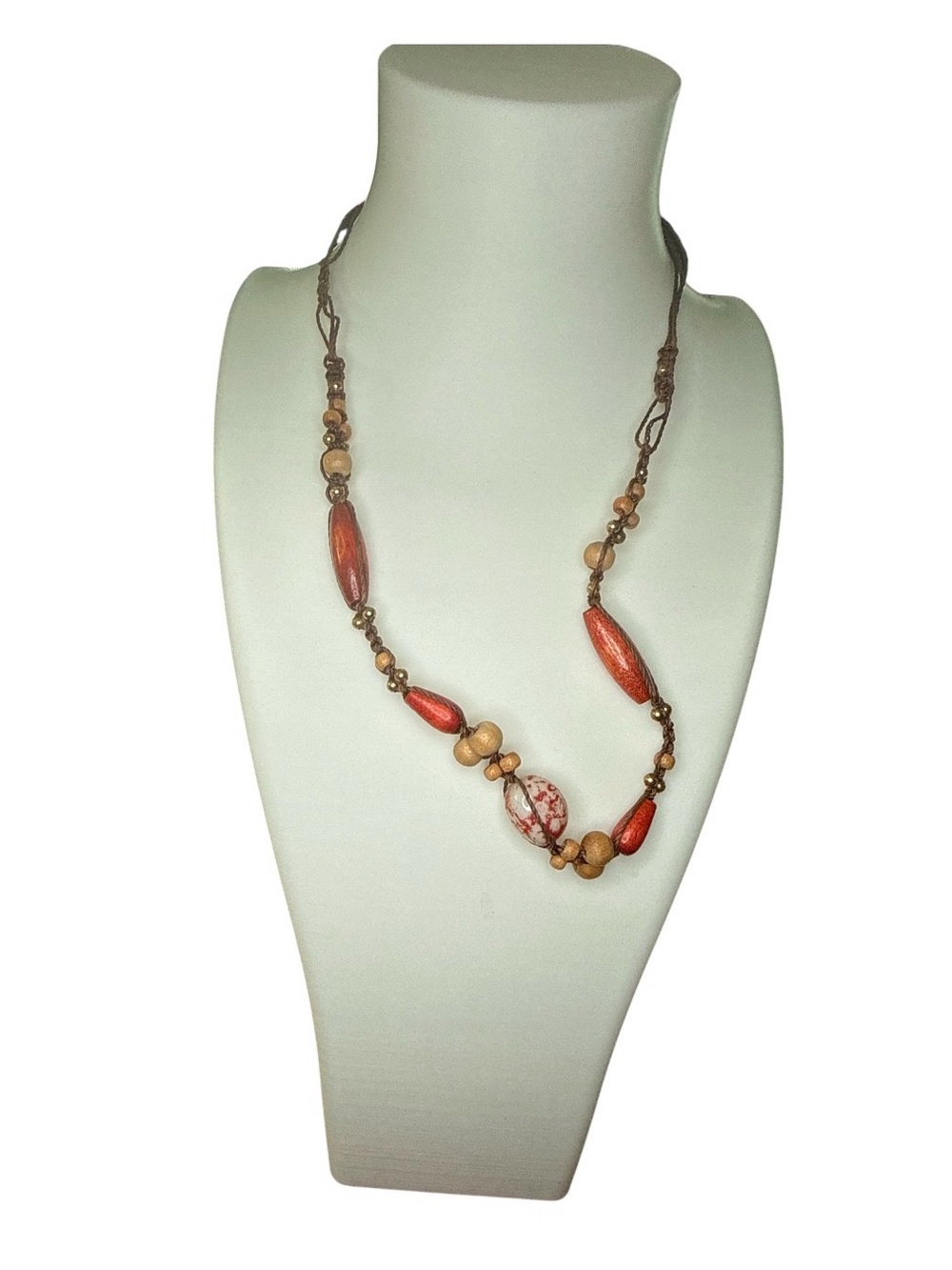 Boho Earthy Brown Cord Carved Wooden Bead Terracotta Corded Necklace 12”